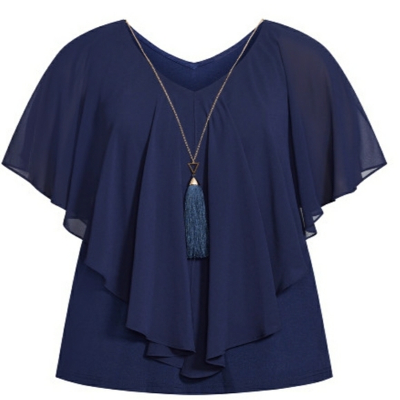 NWT Avenue Navy Overlay V-Neck Removable Tassel Necklace Blouse - Picture 3 of 9
